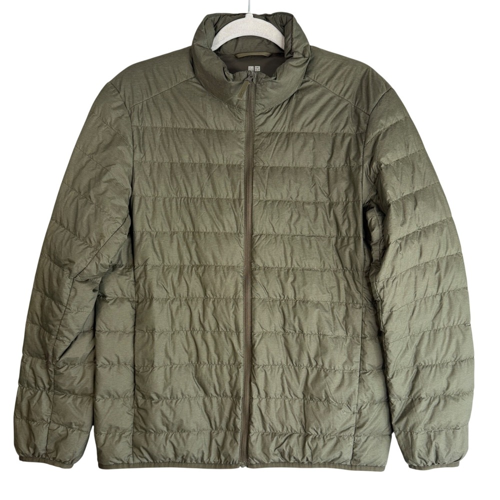 Uniqlo Pufftech Jacket Mens M Olive Green Packable Water Repellent Light Puffer